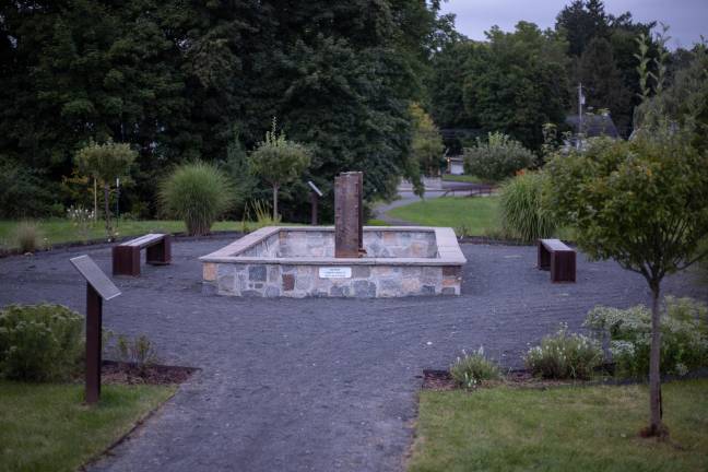 Warwick’s 9/11 Memorial Sculpture Garden features an I-beam from the World Trade Center centered in a fountain. Photo by Aja Brandt