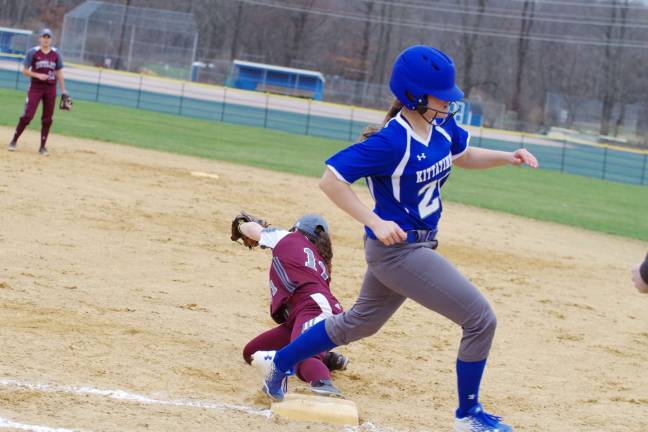 Kittatinny runner Kelly Insalaco was called out by the official on this very close play at first base.