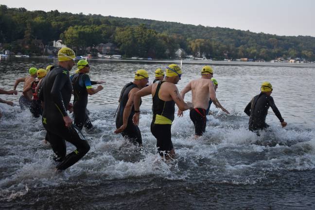 Athletes at the start of the swim portion of the Pass It Along Triathlon at Lake Mohawk on Saturday, July 27, 2019. (Photos provided)