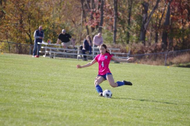 Kittatinny soccer player Brooke Nelson scored a goal in the Cougars’ 5-0 victory over 13th-seeded Emerson Boro at home Oct. 26. (Photos by George Leroy Hunter)