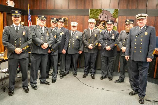 Byram Township Fire Department officers pose at the Township Council’s reorganization meeting. The officers include Chief Todd Rudloff, Assistant Chief Shawn Pond, Capts. Dave Blakely and Derek Plantamura, Lts. Mark Hopkins and Frank Dilberto, president Casey Margo, vice president Paul Conklin, treasurer John Hebble and secretary Andrea Proctor.