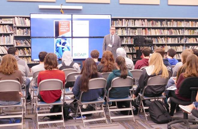 Sussex County Assistant Prosecutor Jerry Neidhardt talks to students about opioid abuse during a SOAP (Stop Opioid Abuse Program) at Sparta High School on Wednesday, Mar 4, 2020.