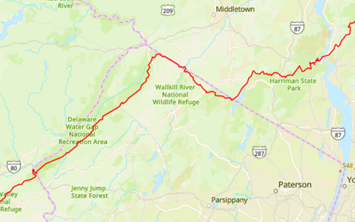 <b>The Appalachian Trail passes through the Delaware Water Gap from Pennsylvania, runs atop the Kittatinny Ridge in New Jersey and hugs the New York border before turning northeast and crossing the Hudson River at Bear Mountain State Park. (Source: arcgis.com) </b>