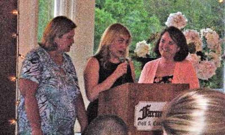 Mindy Ducharme (center) speaks to the crowd at the Long Pond School Presidential Awards on Thursday evening, May 24, 2018 at Farmstead Golf and Country Club in Lafayette. DuCharme is the Florence M. Burd Elementary Educational Support Professional of the Year. With Ducharme is Cindy Potter (L), the Long Pond School Educational Support Professional of the Year, and Deb Shick (R), the Florence M. Burd Teacher of the Year. Long Pond School Teacher of the Year, Stephanie Posser, was unable to attend Thursday's ceremony. Photos by Mandy Coriston