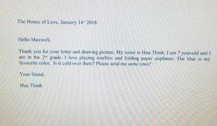 Thinh (in a letter translated to English) asks the children about the weather and asks them to send some 'snos."