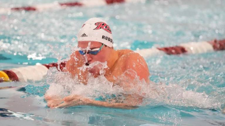 Billy Ruddy, a Kittatinny graduate, competes in freestyle and breaststroke events for the swimming and diving team at Rider University in Lawrenceville. (Photo courtesy of gobroncs.com)