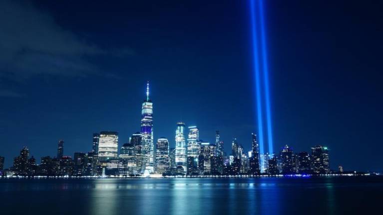 Two beams of light are projected in the sky on the anniversary of the Sept. 11, 2001, terrorist attacks on the World Trade Center in New York.