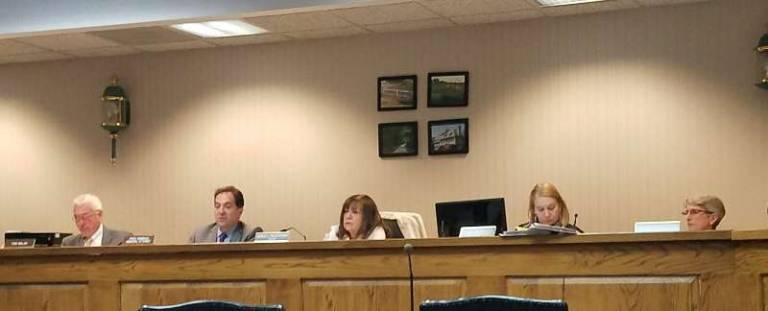From left, Councilman Tom Walsh, Attorney Fred Semrau, Mayor Janis McGovern, Administrator Diana Francisco, and Deputy Mayor Dolores Blackburn listen to infrastructure concerns from resident Ray Doidge at Andover Township's Council Meeting, Monday April 23. Photo by Mandy Coriston