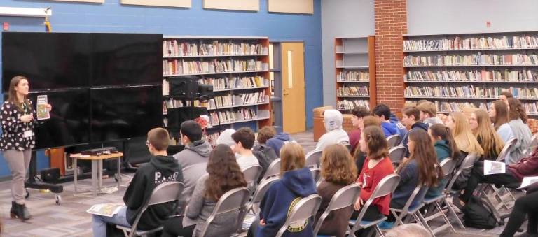 Ashley Brown of The Center for Prevention speaks to Sparta High School students during a Stop Opioid Abuse Program (SOAP) presentation on Wednesday, Mar 4, 2020.