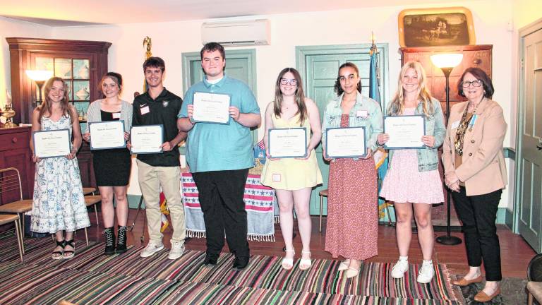 <b>From left, Lillian Gallant (Kittatinny Regional High School), Keira Graham (Sussex County Technical School), Hayden Kopco (Sparta High School), Anthony Peluso (Wallkill Valley Regional High School), Zoe Mills (Newton High School), Mila Valentin (Pope John XXIII Regional High School); Halle Williamson (Veritas Christian Academy) and Sally Burns, Good Citizens Award Chapter Chair.</b>