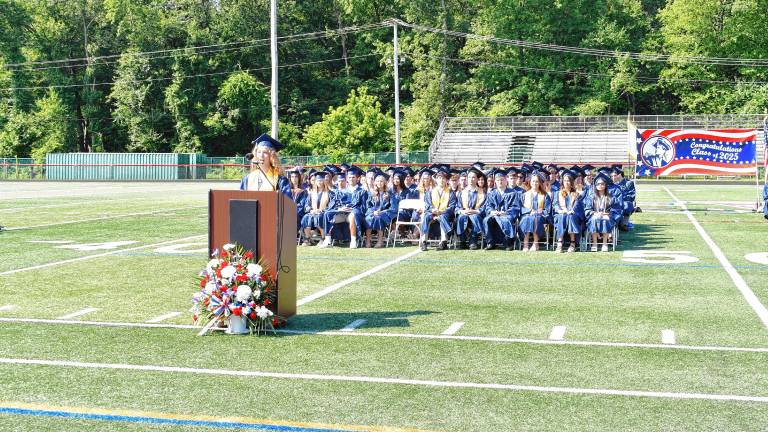 Lenape Valley Regional High School salutatorian Samantha Krauklis gives the welcome address at graduation Saturday, June 21. (Photos by Maria Kovic)