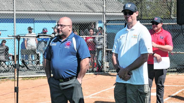 Netcong Mayor Elmer M. Still and Byram Mayor Alex Rubenstein give a speech.
