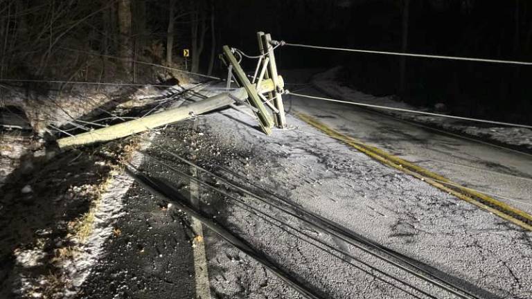 A car accident in Barry Lakes, NJ took out two telephone poles in January, leaving hundreds of Sussex Rural Electric Cooperative customers in the dark. Along with increasing weather-related disasters, car-pole accidents are on the rise. Photo provided