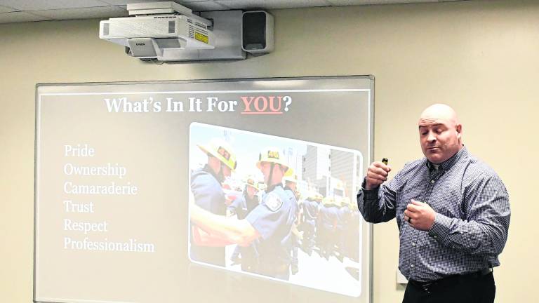 <b>John Dixon holds a public safety training class at Southern County Community College in Newton.</b>