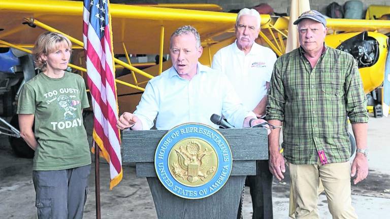 U.S. Rep. Josh Gottheimer visits Andover-Aeroflex Airport. He was joined by Andover Mayor Thomas D. Walsh Jr., Andover Flight Academy founder Damien DelGaizo and owner Justine Pasniewski.